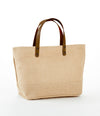 Jute Tote Bag With Leather Handles, Zippered Closure and Inside Zipper Pocket