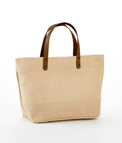 Jute Tote Bag With Leather Handles, Zippered Closure and Inside Zipper Pocket