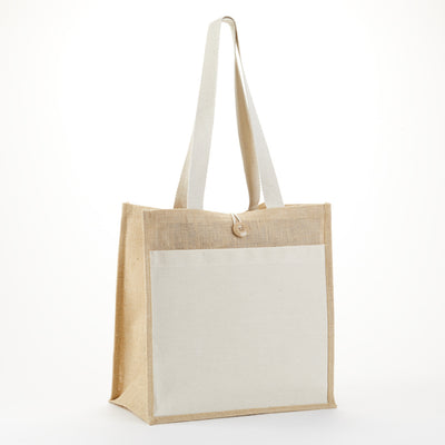 JB-921 Fancy Jute Tote with Cotton Front Pocket and Front Button Closure